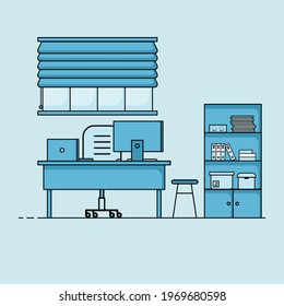 Working table flat design, Concept of working desk interior with furniture. Work room with computer, desktop, table, chair, book, and stationary equipment. Work from home cartoon illustration.