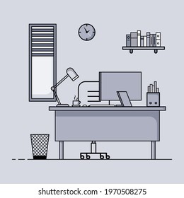Working table flat design, Concept of working desk interior with furniture. Work room with computer, desktop, table, chair, book, and stationary equipment. Work from home cartoon illustration.