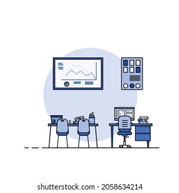 Working table flat design, Concept of working desk interior with furniture. Work room with computer, desktop, table, chair, book, and stationary equipment. Work from home cartoon illustration.