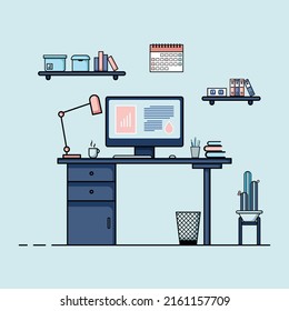 Working table flat design, Concept of working desk interior with furniture. Work room with computer, desktop, table, chair, book, and stationary equipment. Work from home cartoon illustration.