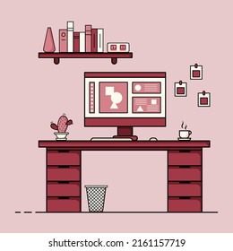 Working table flat design, Concept of working desk interior with furniture. Work room with computer, desktop, table, chair, book, and stationary equipment. Work from home cartoon illustration.