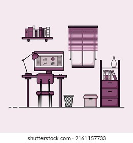 Working table flat design, Concept of working desk interior with furniture. Work room with computer, desktop, table, chair, book, and stationary equipment. Work from home cartoon illustration.