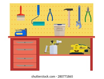Working table with instrument hammer brush roller pliers. Eps10 vector illustration. Isolated on white background