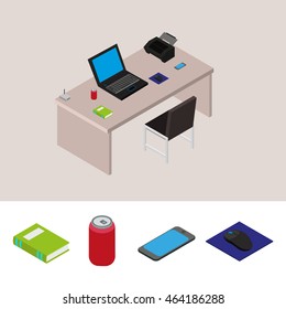 Working table with laptop, computer table, office table with notebook, isometric