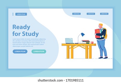 Working Table with Laptop, Lamp, and Red Mug, Full Book and Guide. Boy with Yellow Backpack Wearing Glasses, Going to Settle Down to Study and Do Home Assignment. Landing Page with Copy Space.