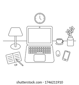 Mesa de trabajo con portátil. Trabajar desde casa. Ilustración del vector