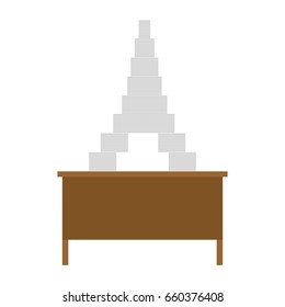 Working table and pile of papers. Eiffel Tower from documents. Dream vacation. Office life. lot of paperwork