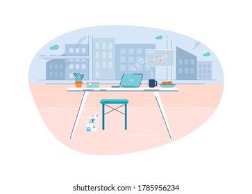 Working table semi flat vector illustration. Home office 2D cartoon interior for commercial use. Company employee, professional freelancer workplace with laptop and snacks. Business analyst workspace