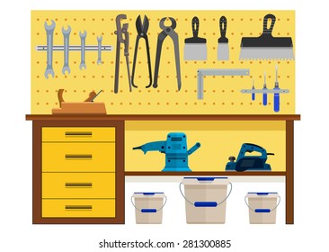 Working table with spanner planer scissors palette knife pincers. Eps10 vector illustration. Isolated on white background