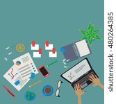 Working table top view with laptop, vector flat design