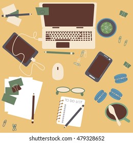 Working table top view with laptop, vector flat design