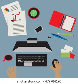 Working table top view with laptop, vector flat design