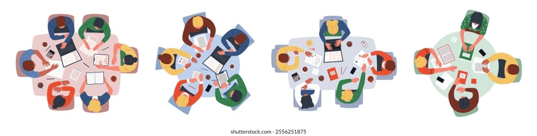 Working at table, top view people. Student group study together, team discussion. Business conference classroom teamwork. Education at desk. Vector project garish cartoon flat isolated illustration