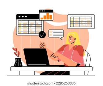 Working with tables. Woman with laptop works with information and organizes data for archive or electronic storage. Worker making analysis and report from home. Cartoon flat vector illustration