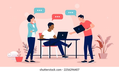 Working and talking - Group of people in office with computers having discussion and talk about work. Flat design vector illustration