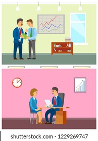 Working task and job interview with boss in office. Manager taking orders, new employee hiring, statistical graphic on wall vector illustrations.