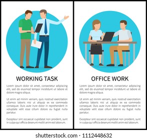 Working task office work, posters set with rounded images people fulfilling functions while doing job, text sample headlines, vector illustration