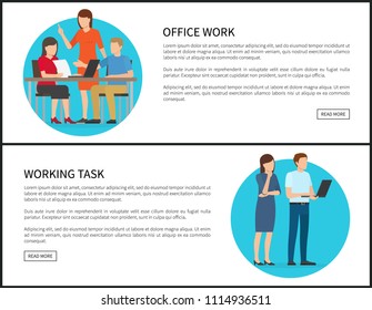 Working task office work web pages set, people at job thinking about new projects, employers sitting by table busy with documents vector illustration