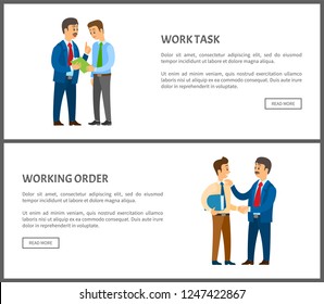 Working task and order, boss giving instructions to employee, conversation between colleagues. Leader encouraging coworker, praising for good job, vector