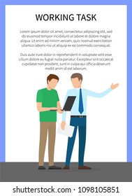 Working task poster with text sample and title, man holding documents pointing somewhere, businessman holds laptop, isolated on vector illustration.