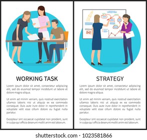 Working task, and strategy set, posters with text sample, and titles, women giving presentation, and meeting with discussion, vector illustration