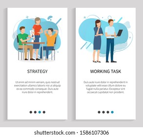 Working task and strategy vector, people planning next steps in business project implementation. Meeting of partners solving problems set. Website or slider app, landing page flat style