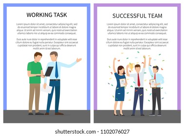 Working task and successful team, colorful poster, vector illustration isolated on white backdrop with blue and lilac frames, happy and busy workers.