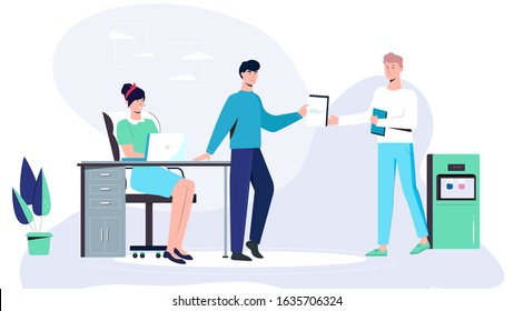 Working task vector, man and woman in business dealing. Woman sitting at office desk and working laptop. Two mens pass documents to each other. Flat Vector Illustration. 