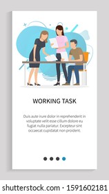 Working task vector, people dealing with assignments from boss, man and woman with documents and papers reading for more info and data analysis. Website slider app template, landing page flat style