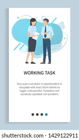 Working task vector, people in team dealing with papers and documents with information and statistics. man and woman wearing formal clothes. Website or app slider template, landing page flat style