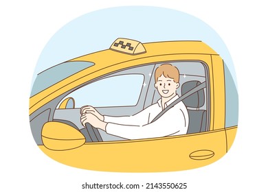 Working as taxi driver concept. Young smiling man driver sitting and looking from window in yellow traditional taxi during job vector illustration 