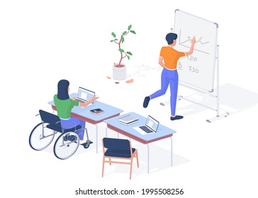 Working teacher with disabilities. Woman in wheelchair with laptop giving lecture. Student near blackboard writes down math problem. Digital gadgets help people invalids. Vector realistic isometry