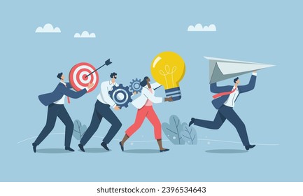 Working as team with creative thinking, solving problems in organizations, Launching new project or new product, Group of business people running holding paper airplanes, light bulbs, gears, targets.