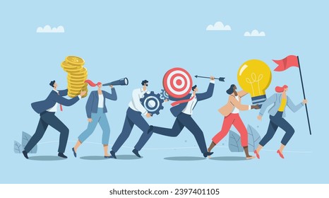 Working as team with creative thinking, solving problems in organizations, Launching new project, product, Group of business people running holding flag, light bulbs, gears, targets, binoculars, coin.