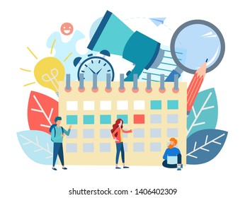 Working in a team, deadline concept Vector illustration Calendar with the indicated date and office supplies, speaker as a symbol of the need to make decisions and achieve results.