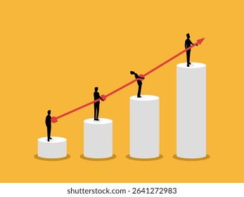 Working as a team increases profits, a group of businessmen holds a growth graph