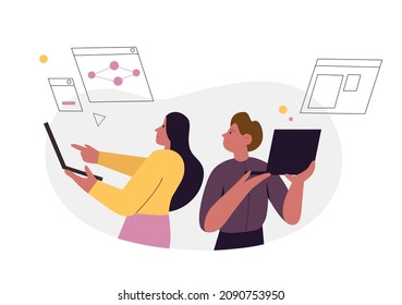 Equipo de trabajo con laptops analizando estrategias de crecimiento. Consultores profesionales sincronizan estadísticas cartográficas ilustraciones vectoriales