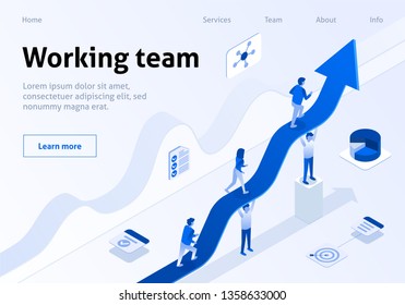 Working Team Metaphor Business Isometric Banner. Teamwork Success Concept. Group of Employee Supporting others for Goal Achievement. Teamwork Business Growth 3D Vector Illustration. Seo Business Team