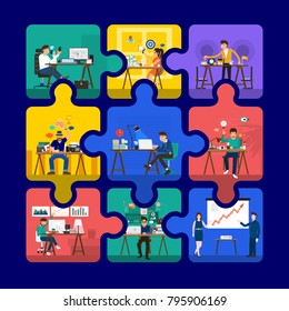 Working team on jigsaw block same work space for employee working desk. Flat design concept. Vector illustrations