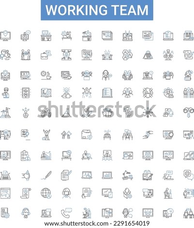 Working team outline icons collection. Collaborative, Unit, Cooperative, Productive, Efficient, Effective, Unified vector illustration set. Group, Members, Professional line signs