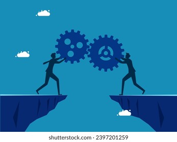 Working as a team to overcome obstacles. People linked gears to build bridges over cliffs. vector 