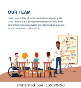 Working Team Presentation or Conference in Office. Business Meeting. Speaker Pointing on Flip Board. Group of Character Sit on Chair, Wheelchair have Discussion. Cartoon Flat Vector Illustration