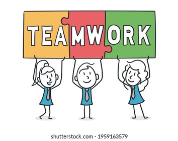 working team of stick people show the result of their collaboration