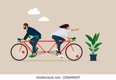 Working team trying hard riding bicycle in opposite direction. Business conflict, controversy or disagreement causing problem and failure. Flat vector illustration.