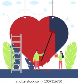 Working as a team of two couples. preparation for Valentine's Day,. A large heart that has been painted in red. Vector - illustration. love symbol.