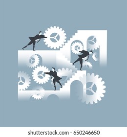 Working in teamwork by holding gears flat vector background