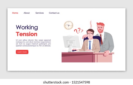 Working tension landing page vector template. Everyday stress website interface idea, flat illustrations. Workplace homepage layout. Demanding boss. Nervous worker web banner, webpage cartoon concept