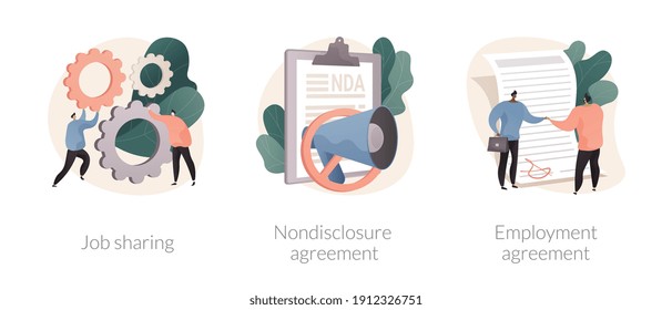 Working terms abstract concept vector illustration set. Job sharing, nondisclosure agreement, employment agreement, part time job, confidential information, financial relations abstract metaphor.
