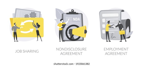 Working terms abstract concept vector illustration set. Job sharing, nondisclosure agreement, employment agreement, part time job, confidential information, financial relations abstract metaphor.