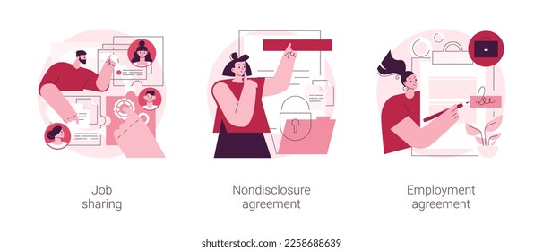 Working terms abstract concept vector illustration set. Job sharing, nondisclosure agreement, employment agreement, part time job, confidential information, financial relations abstract metaphor.